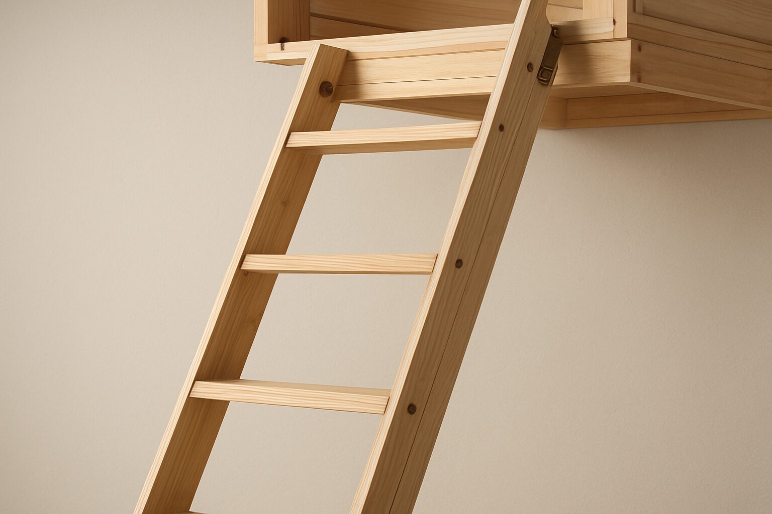 Close-up of a wooden loft ladder leading up to a storage space